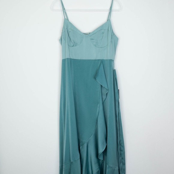 NWT Lulus Double Darling Sage Green Satin Ruffle Maxi Dress Womens XL Evening - Picture 2 of 13